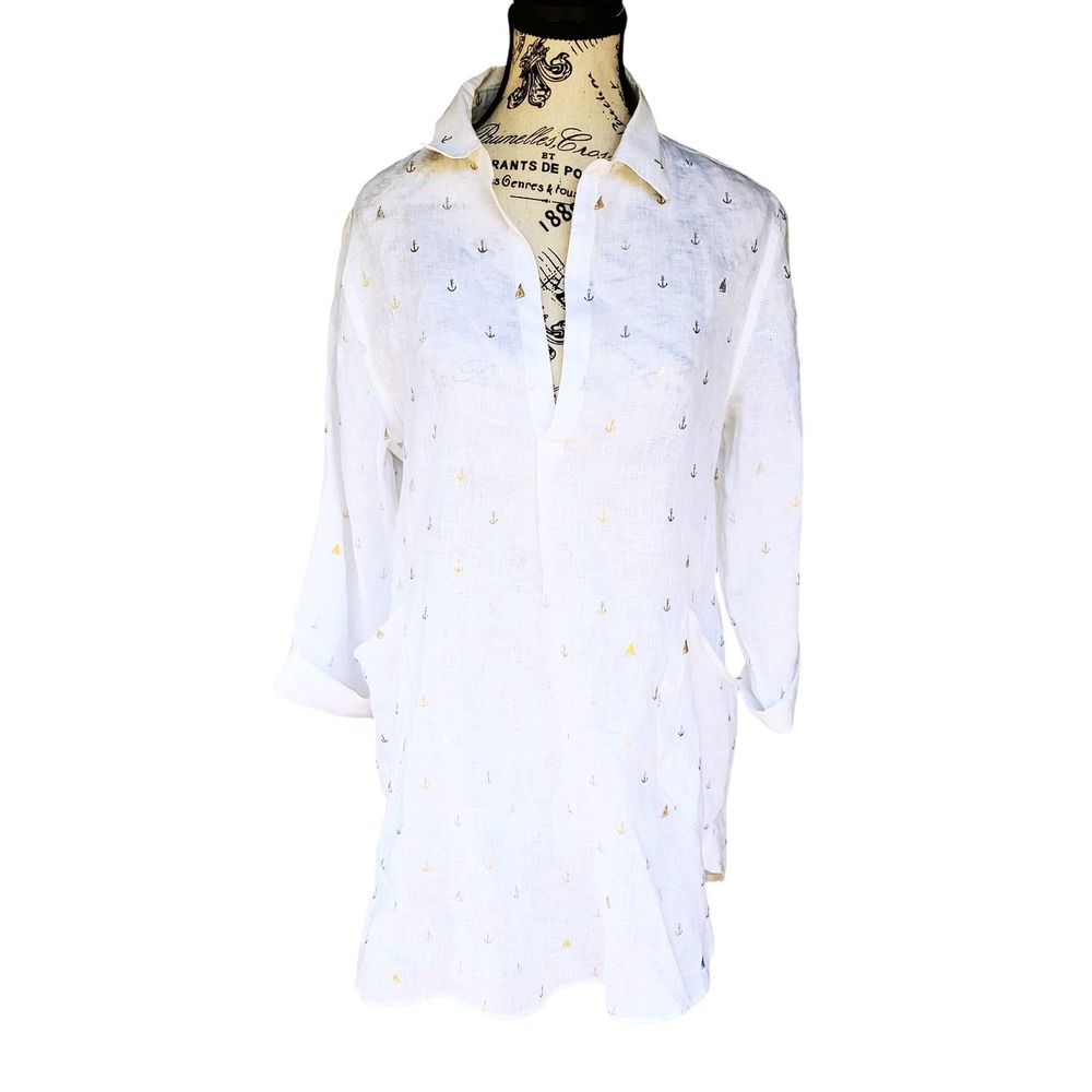 Forcynthia Linen Tunic Women Medium White Anchor Sailboat Cover up Beachwear